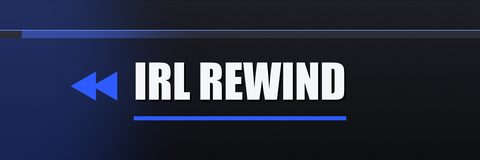 Route 1 banner, IRL REWIND wordmark with cobalt rewind chevron on dark VHS charcoal