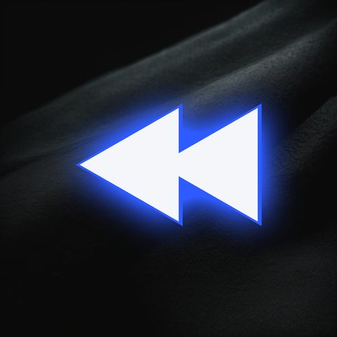 pfp option A, glowing white rewind chevron with cobalt edge on dark VHS texture