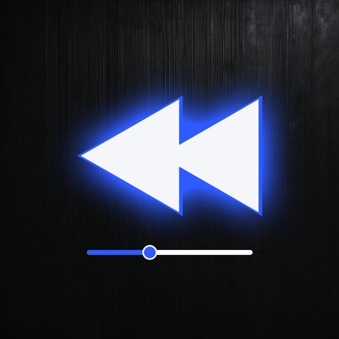 pfp option A, rewind chevron with cobalt glow above a scrubber bar on dark VHS texture