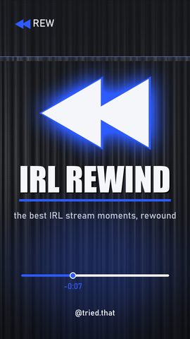 cover card, IRL Rewind wordmark with VCR-style REW readout and scrubber