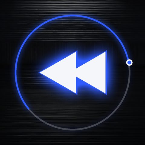 pfp option A, cobalt rewind chevron in a scrubber ring on dark VHS texture